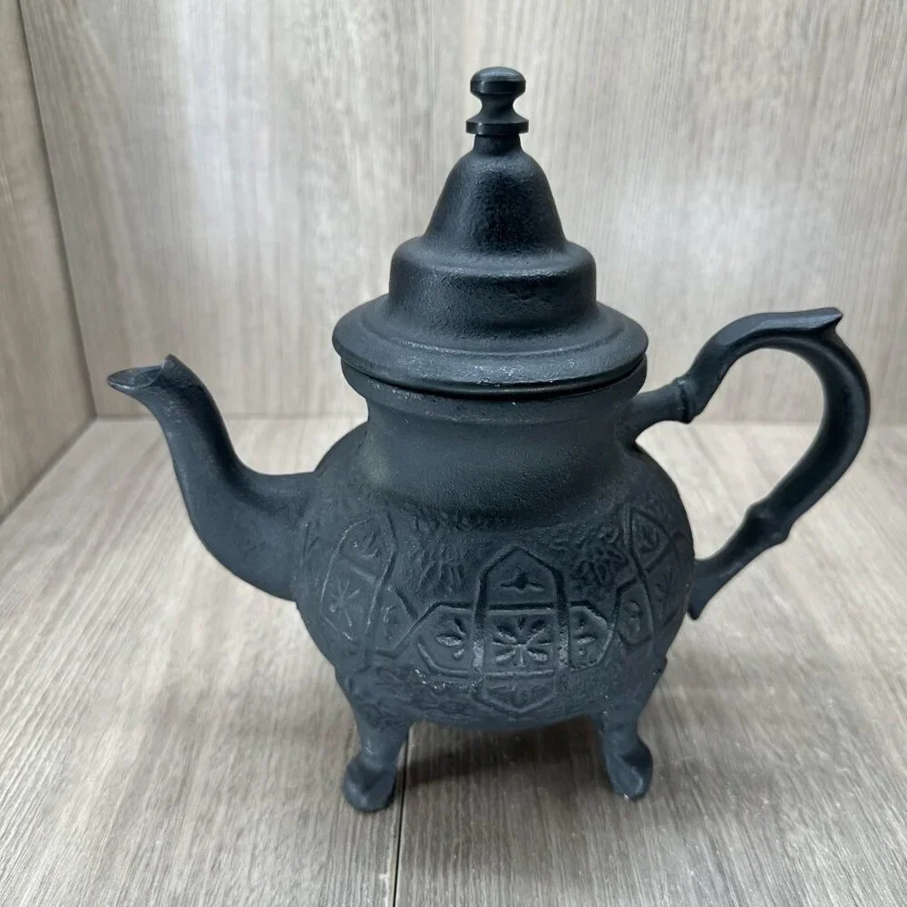 Vintage Ornate Cast Iron Moroccan Teapot w/ Lid Textured Matte Black